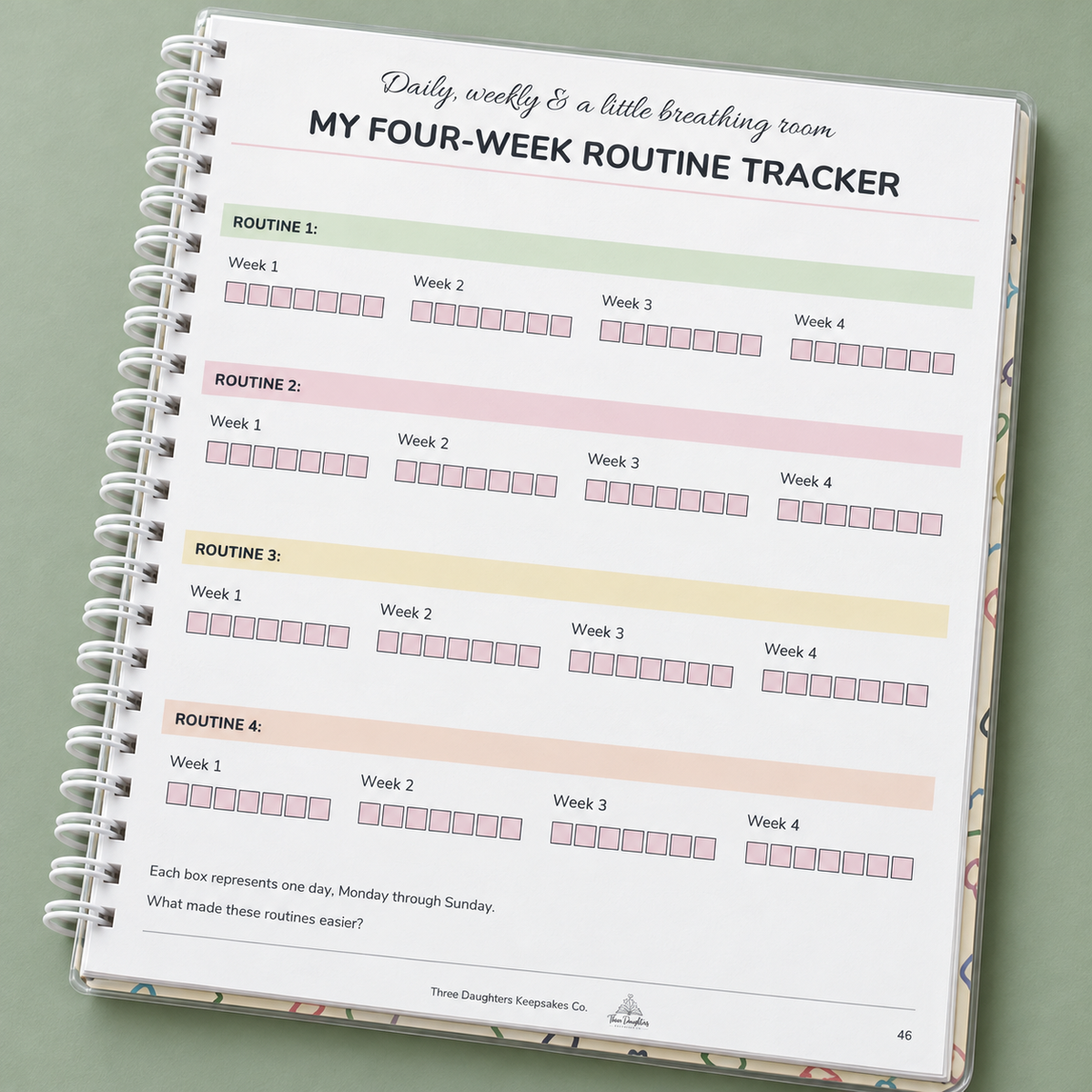 Four-week cleaning routine tracker page with daily checkboxes in the spiral bound planner
