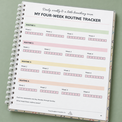 Four-week cleaning routine tracker page with daily checkboxes in the spiral bound planner