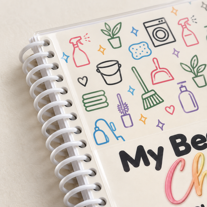 Close-up of the white coil spiral binding and clear protective cover on the cleaning planner