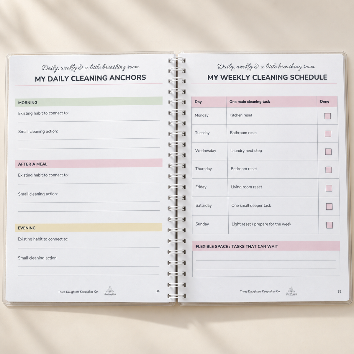 Open planner showing daily cleaning anchors and a weekly cleaning schedule with one task per day