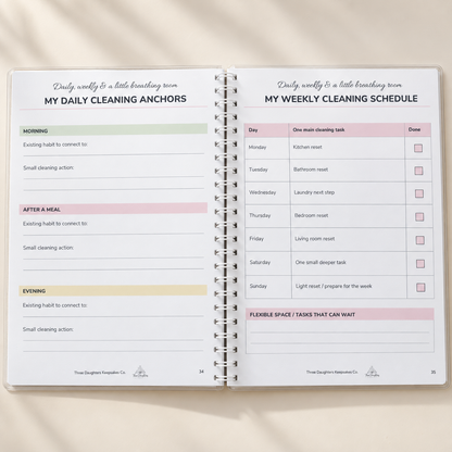 Open planner showing daily cleaning anchors and a weekly cleaning schedule with one task per day