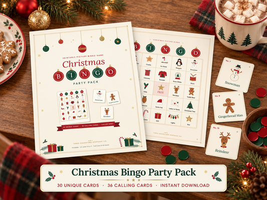 Christmas bingo printable party pack with a festive picture bingo card, FREE center space, and snowman, gingerbread man and reindeer calling cards with red and green markers.