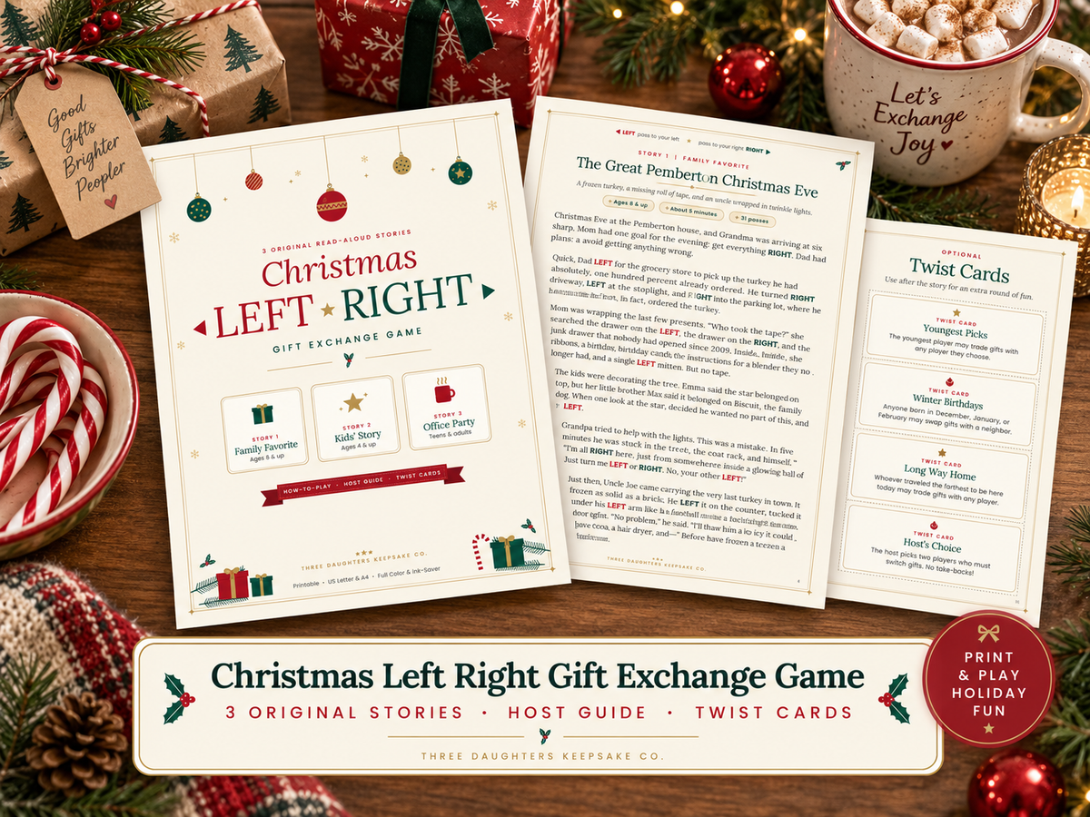 Christmas Left Right gift exchange game printable with three read-aloud stories for family, kids and office parties, a story page and optional twist cards on a festive table.