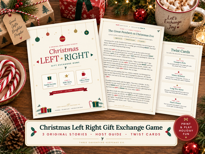 Christmas Left Right gift exchange game printable with three read-aloud stories for family, kids and office parties, a story page and optional twist cards on a festive table.