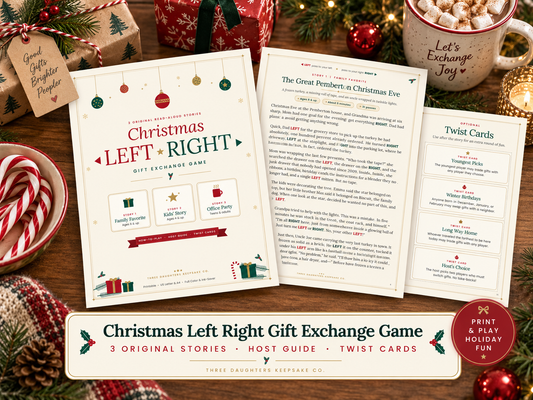 Christmas Left Right gift exchange game printable with three read-aloud stories for family, kids and office parties, a story page and optional twist cards on a festive table.