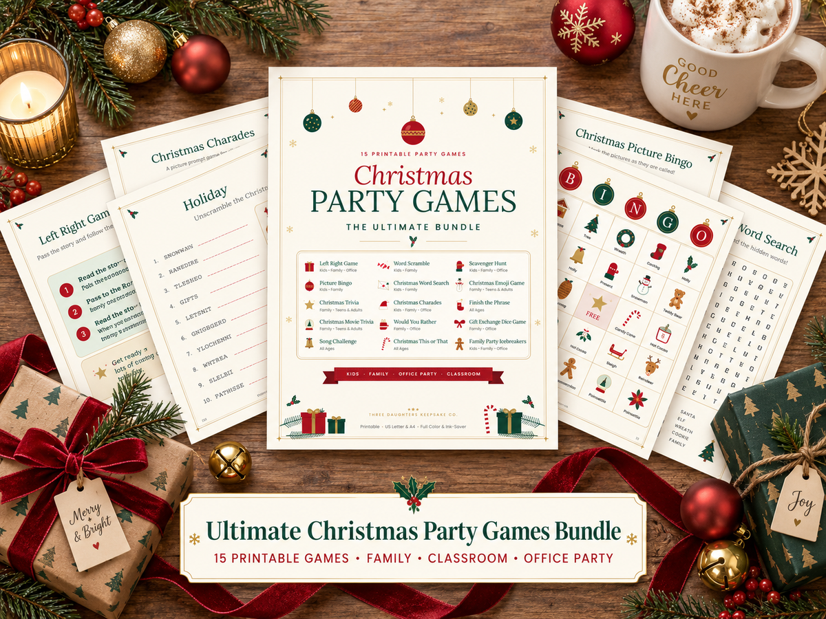 Christmas party games printable bundle with 15 games, including Left Right, picture bingo, trivia, charades, word scramble and word search, fanned out on a festive table.