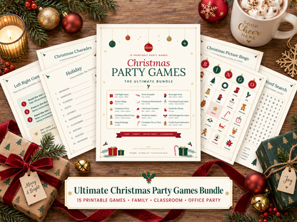 Christmas party games printable bundle with 15 games, including Left Right, picture bingo, trivia, charades, word scramble and word search, fanned out on a festive table.