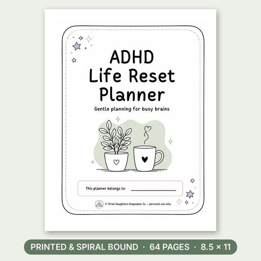ADHD Life Reset Planner printed coil-bound book cover, undated 30-day planner for adults, 8.5x11