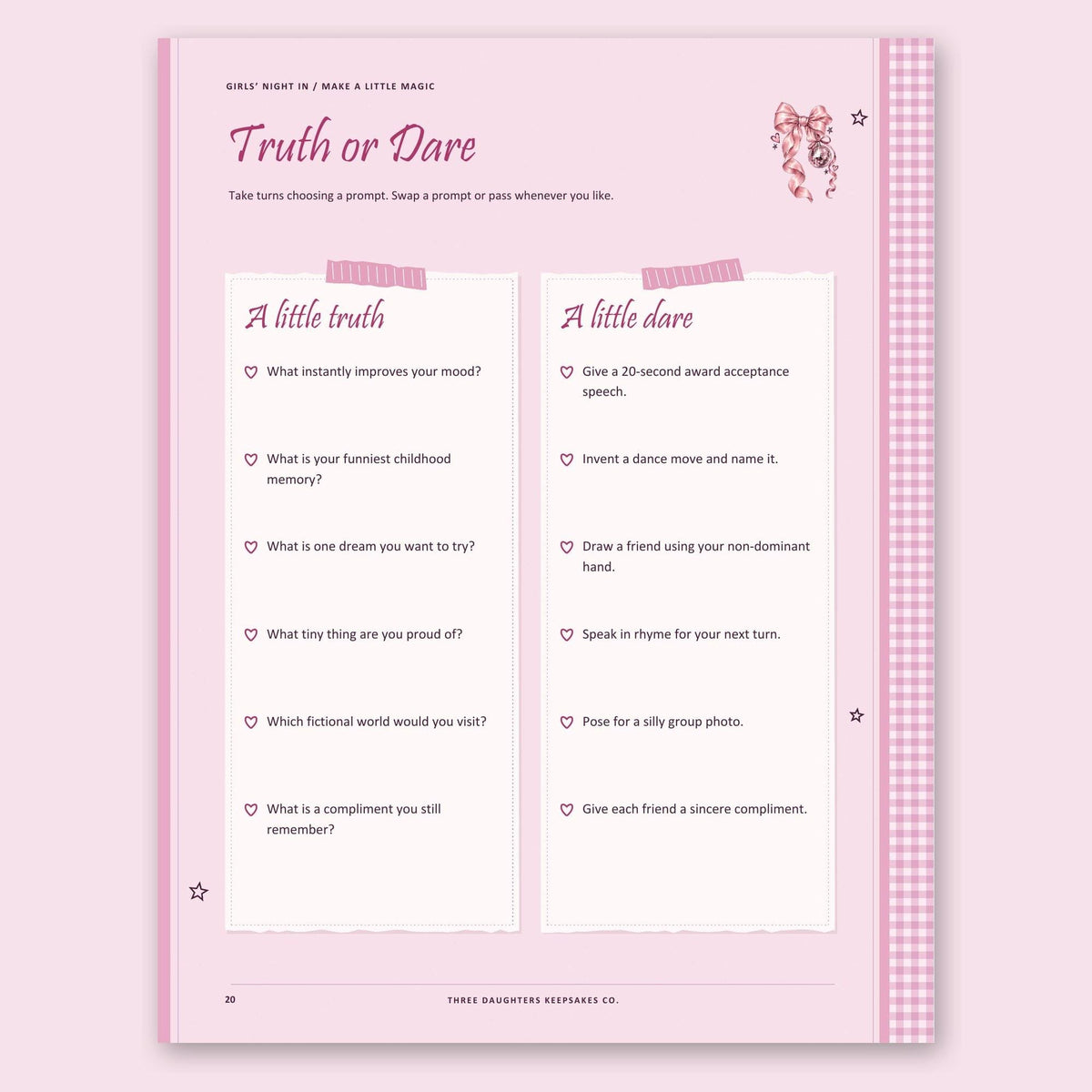 Truth or dare prompts page for a sleepover or girls' night