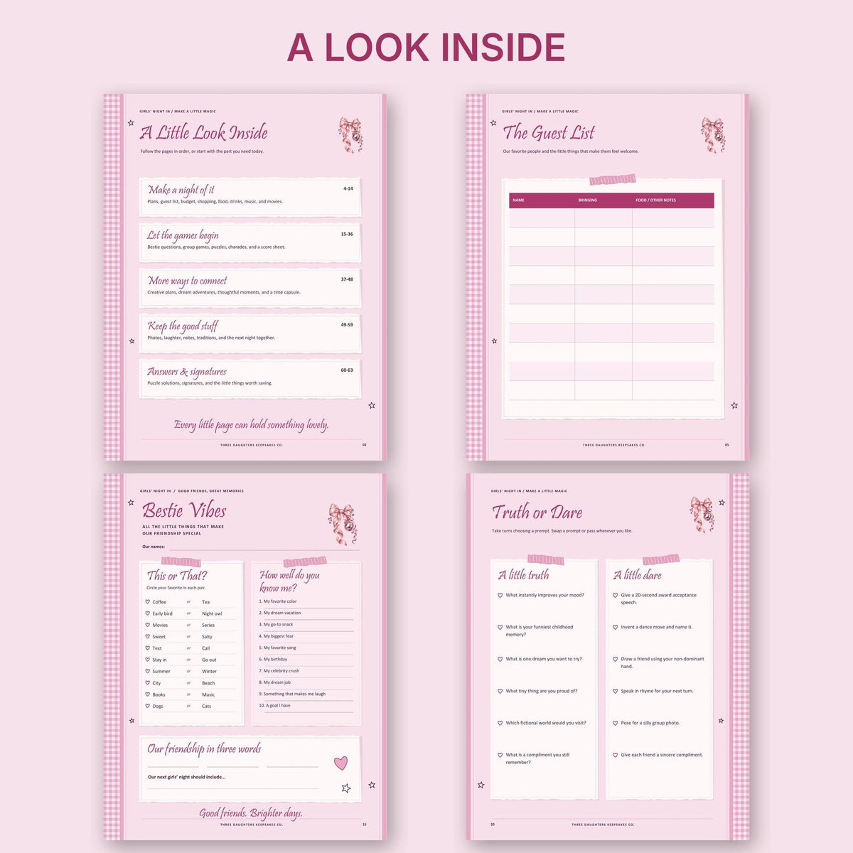 Look inside the Girls' Night In book: contents, guest list, bestie vibes and truth or dare pages