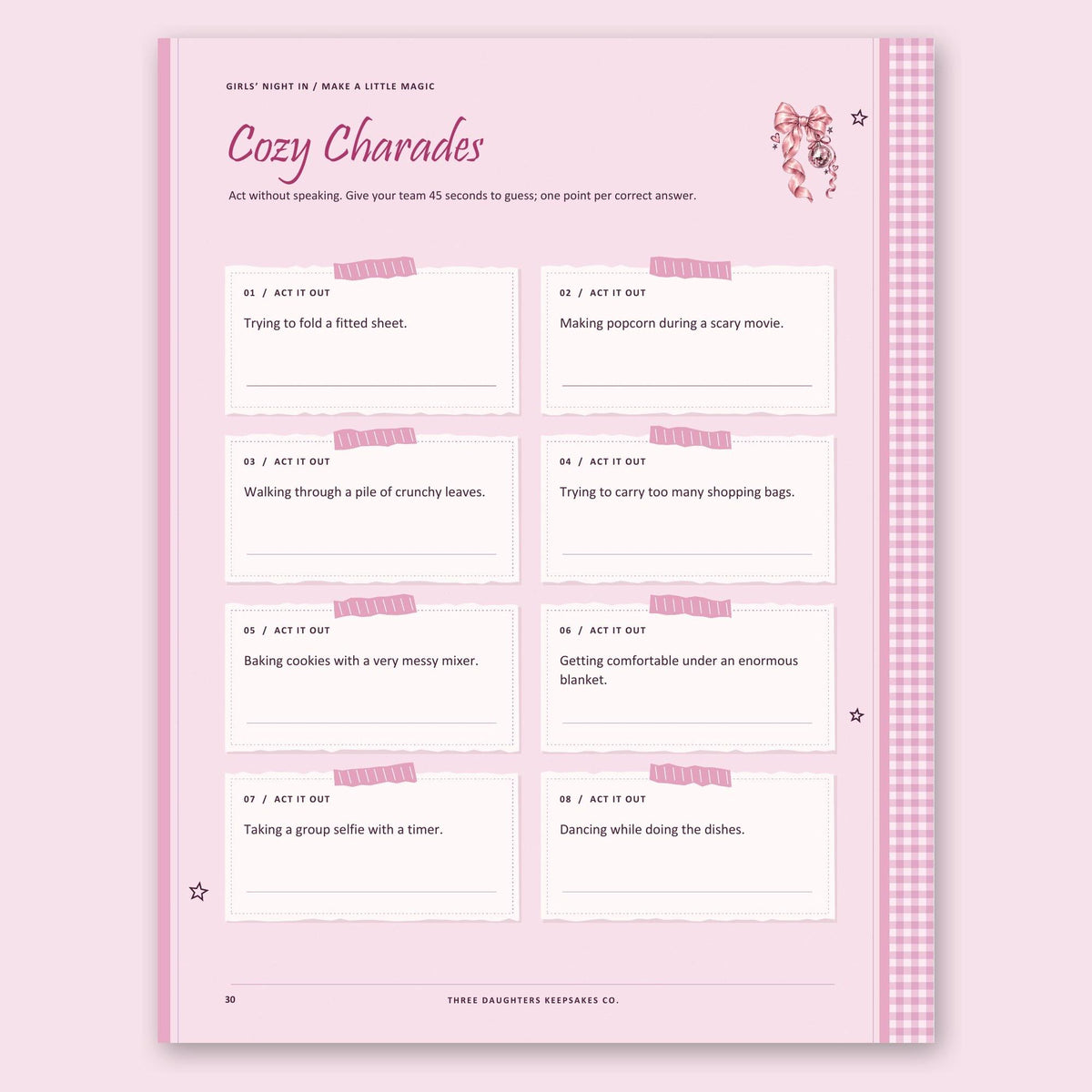 Cozy charades game page with acting prompts