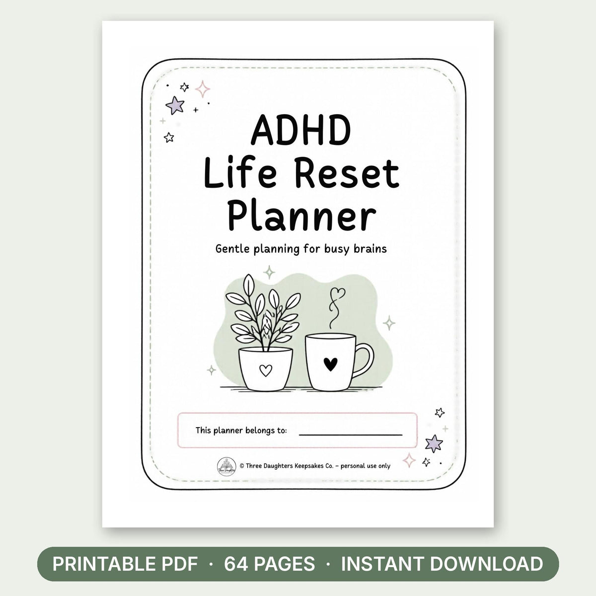 ADHD Life Reset Planner printable PDF cover, undated 30-day planner for adults, instant download