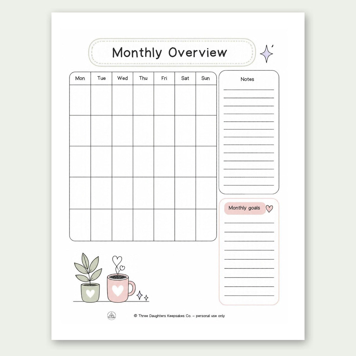 Undated monthly overview calendar page with notes and monthly goals