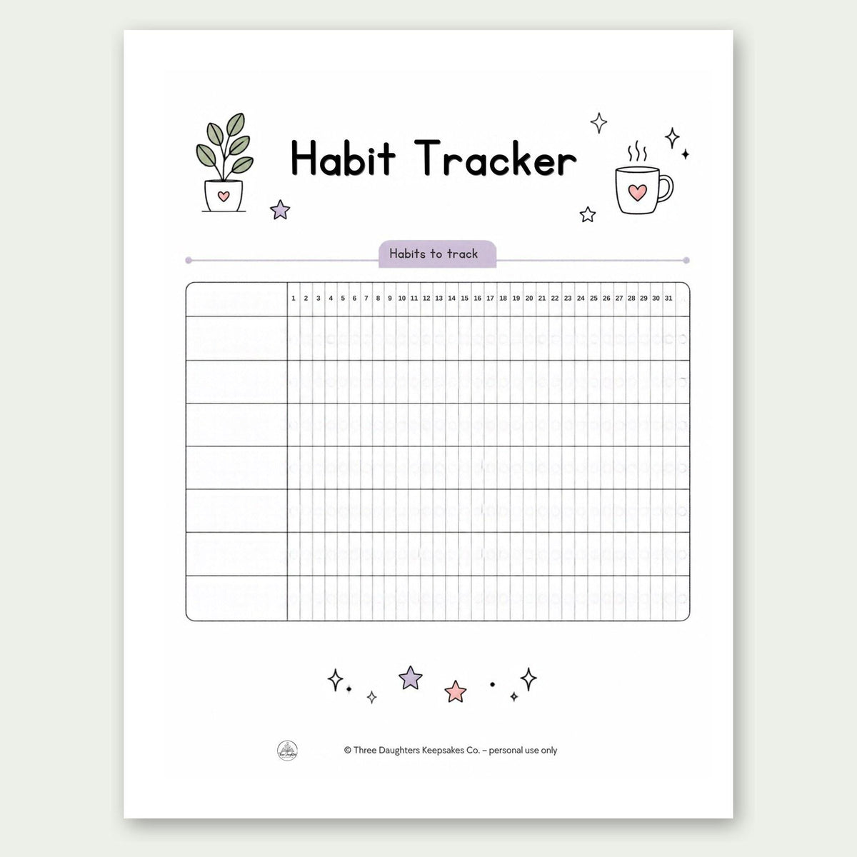 Printable monthly habit tracker page with days 1 to 31