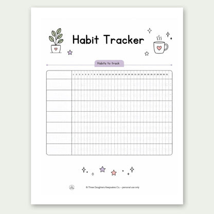 Printable monthly habit tracker page with days 1 to 31