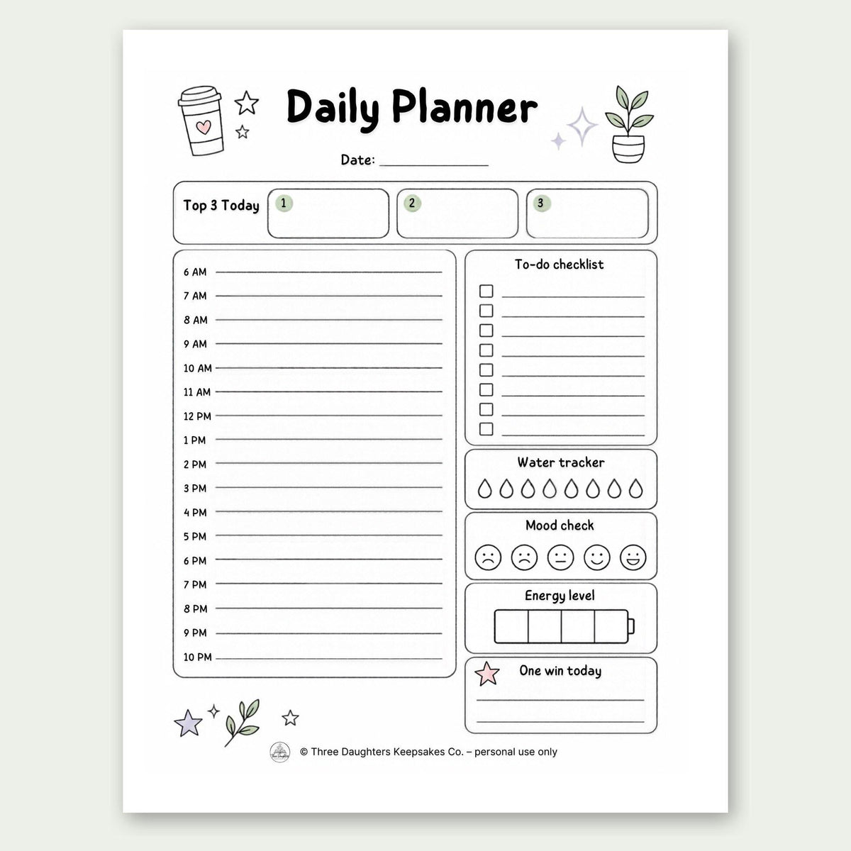 ADHD daily planner page with top 3, hourly schedule, to-do checklist, water tracker, mood and energy check