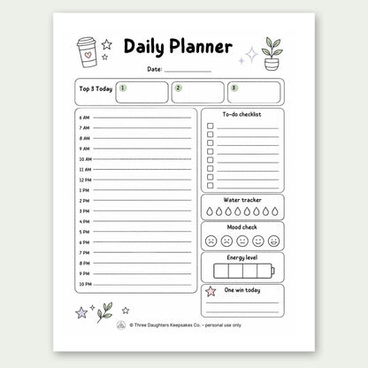 ADHD daily planner page with top 3, hourly schedule, to-do checklist, water tracker, mood and energy check