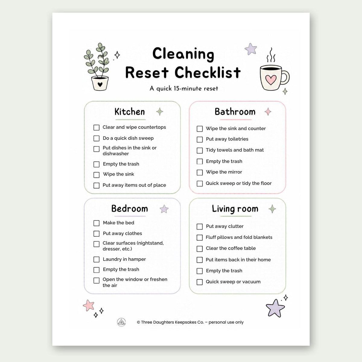 15-minute cleaning reset checklist for kitchen, bathroom, bedroom and living room