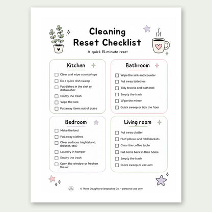 15-minute cleaning reset checklist for kitchen, bathroom, bedroom and living room
