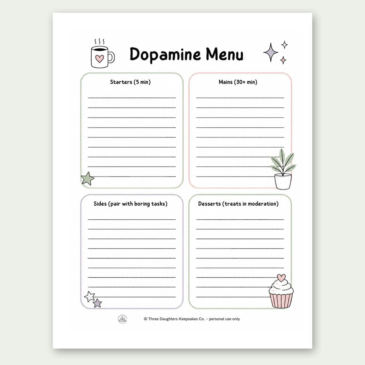 Printable ADHD dopamine menu page with starters, mains, sides and desserts sections