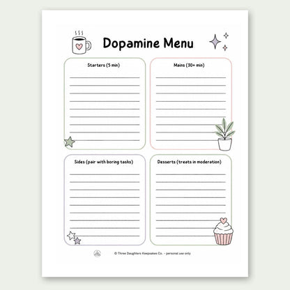 Printable ADHD dopamine menu page with starters, mains, sides and desserts sections