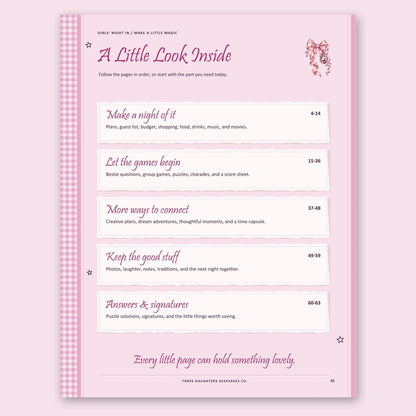 Girls' Night In contents page: plan the night, games, ways to connect and keepsake pages