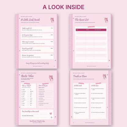 Look inside the printable Girls' Night In book: contents, guest list, bestie vibes and truth or dare pages