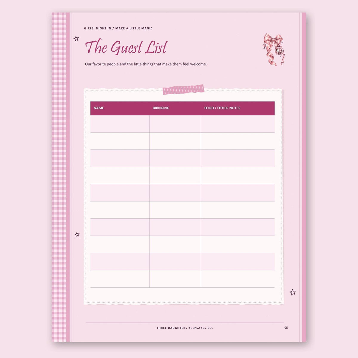 Girls' night guest list planning page