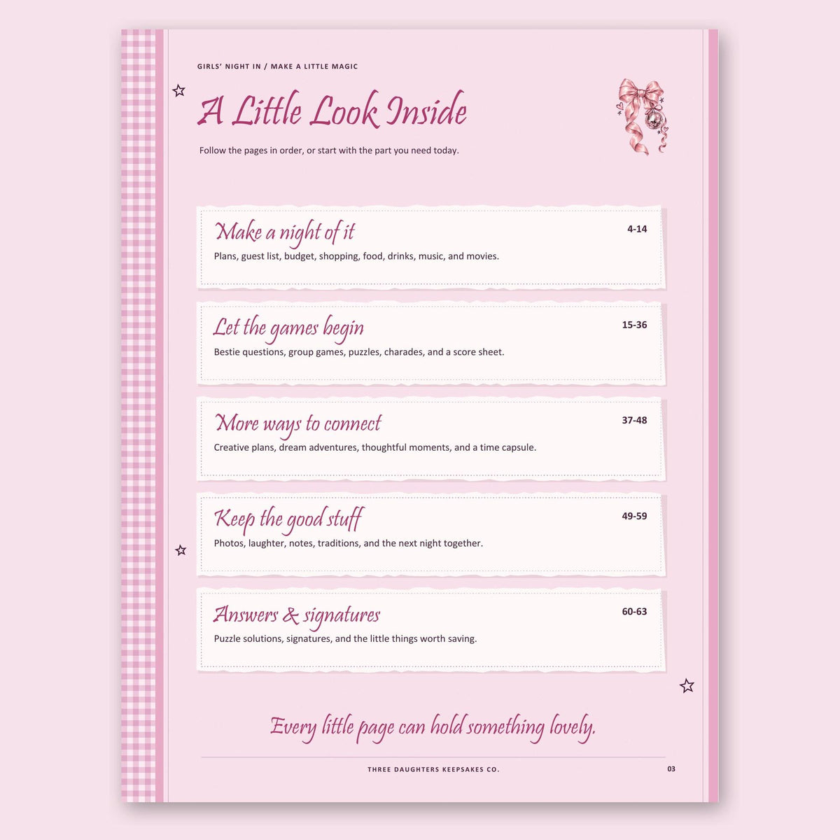 Girls' Night In contents page: plan the night, games, ways to connect and keepsake pages