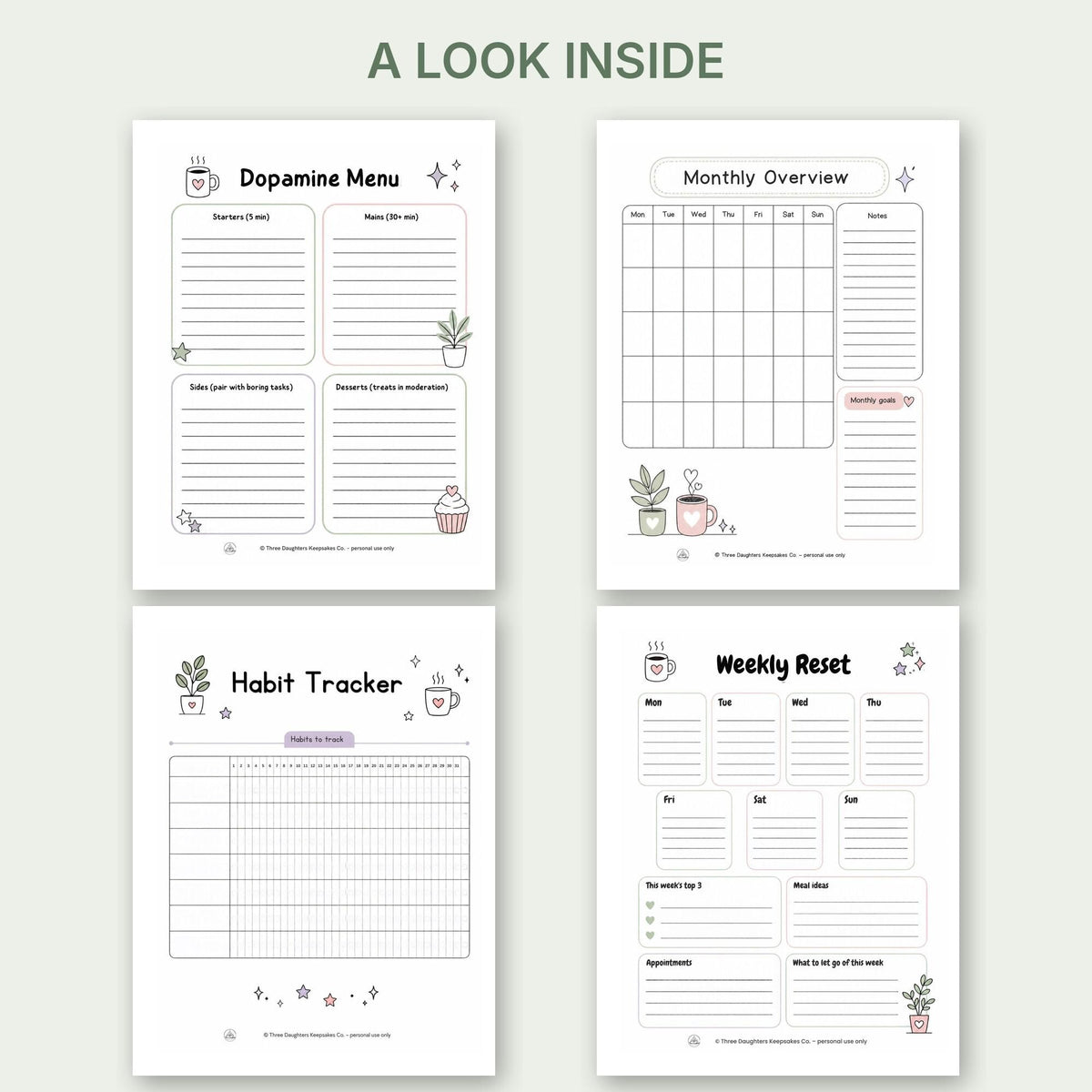 Look inside the printable ADHD planner: dopamine menu, monthly overview, habit tracker and weekly reset pages