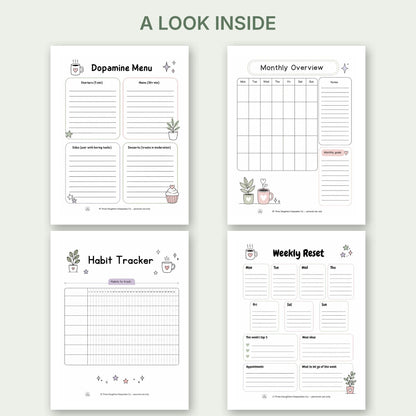 Look inside the printable ADHD planner: dopamine menu, monthly overview, habit tracker and weekly reset pages