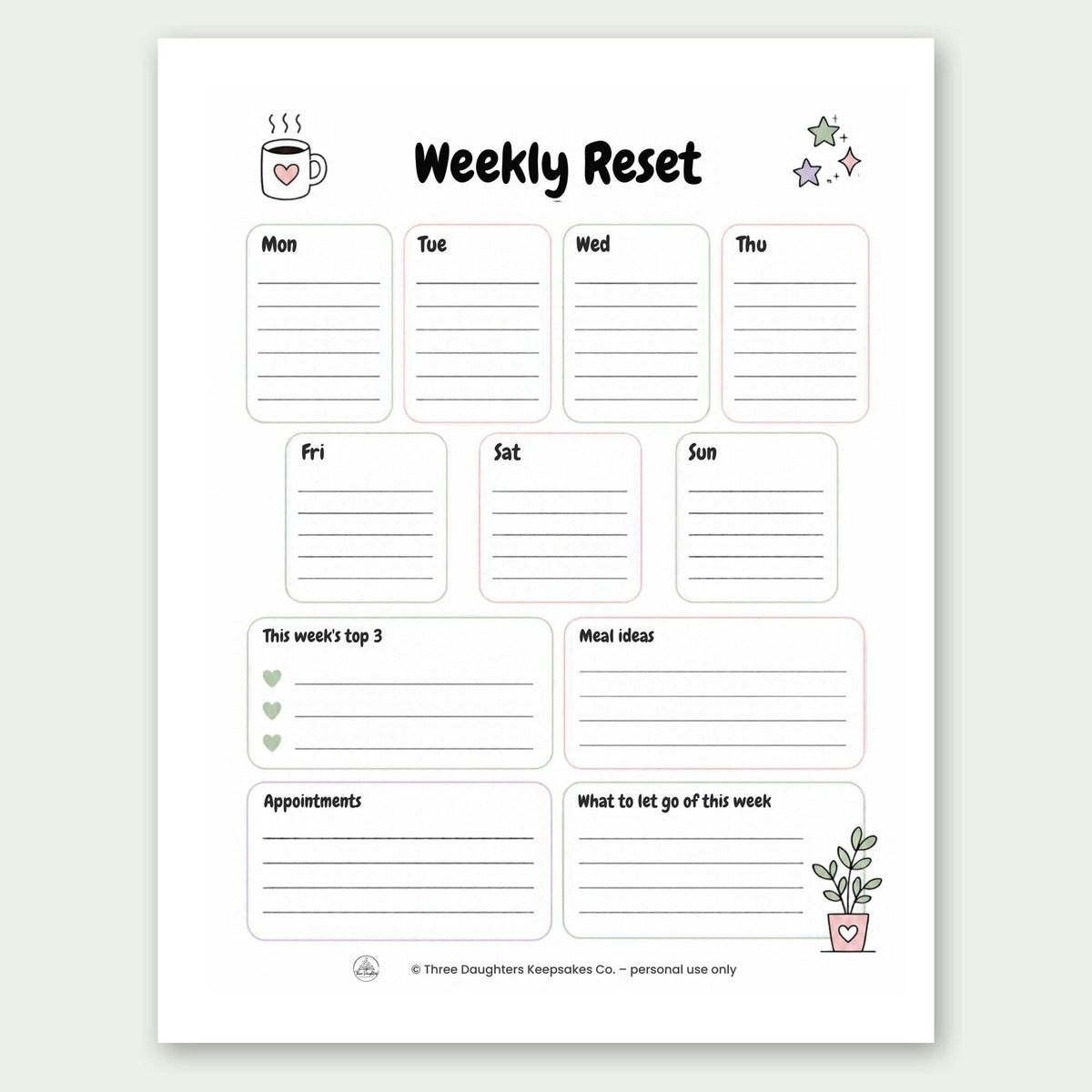 Weekly reset page with Monday to Sunday boxes, top 3, meal ideas and appointments