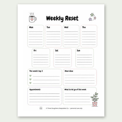 Weekly reset page with Monday to Sunday boxes, top 3, meal ideas and appointments