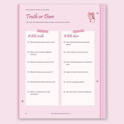 Printable truth or dare prompts page for a sleepover or girls' night