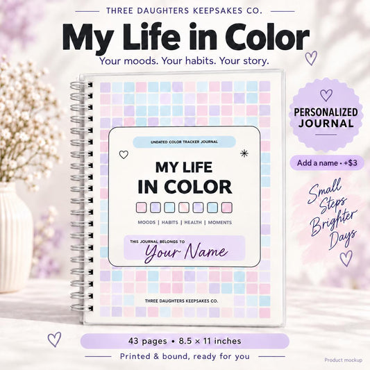 My Life in Color personalized mood tracker journal with optional name on the cover, pastel pixel-grid design, 43 pages, 8.5 x 11 inches. Product mockup.