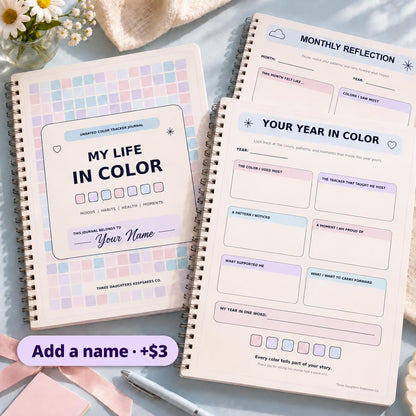 Flat lay of the My Life in Color journal cover beside the Monthly Reflection and Your Year in Color pages. Product mockup.