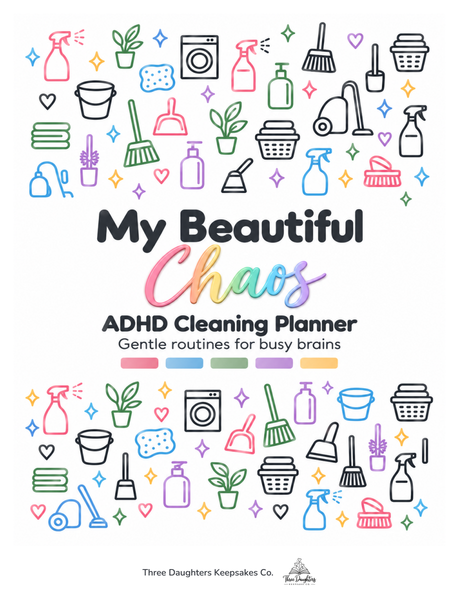 My Beautiful Chaos ADHD cleaning planner cover with rainbow script title and pastel cleaning supply icons
