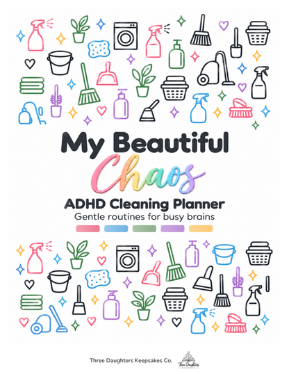 Cover page of the printable ADHD cleaning planner PDF with rainbow script title and pastel cleaning icons