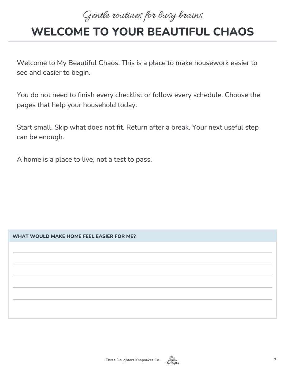Welcome page from the printable ADHD cleaning planner PDF with a prompt asking what would make home feel easier