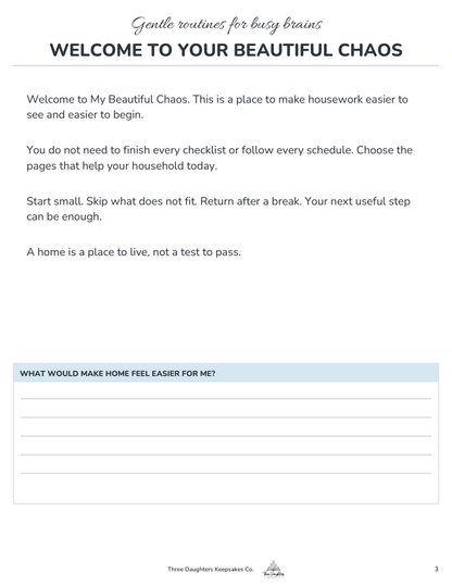 Welcome page inside the printed ADHD cleaning planner with gentle encouragement and a prompt asking what would make home feel easier