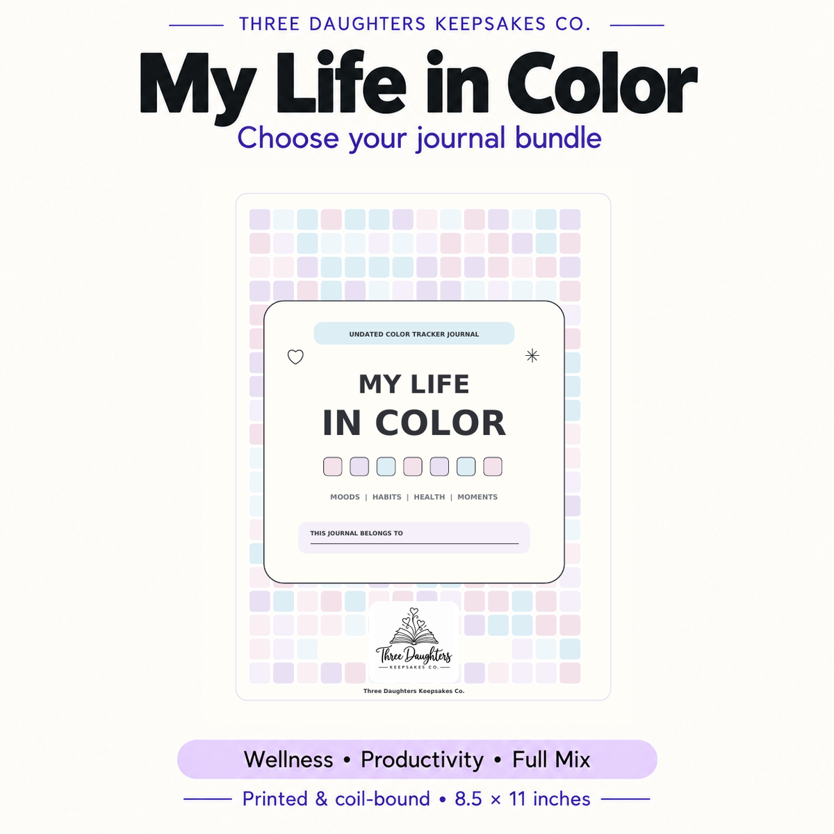 My Life in Color pastel journal cover with Wellness, Productivity and Full Mix printed bundle options.