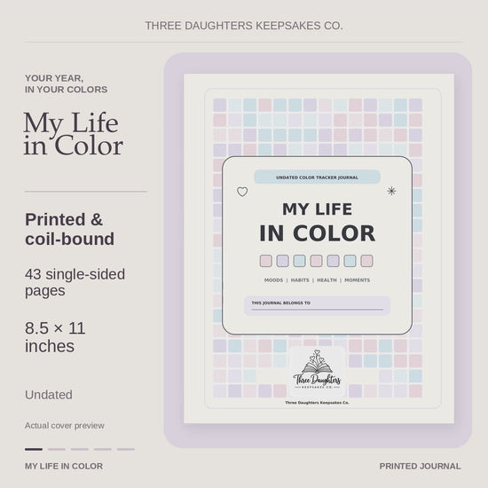 My Life in Color printed journal: 43 single-sided pages, 8.5 x 11 inches, coil bound, with cover and interior page previews.