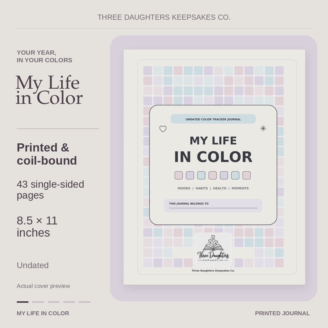 My Life in Color printed journal: 43 single-sided pages, 8.5 x 11 inches, coil bound, with cover and interior page previews.