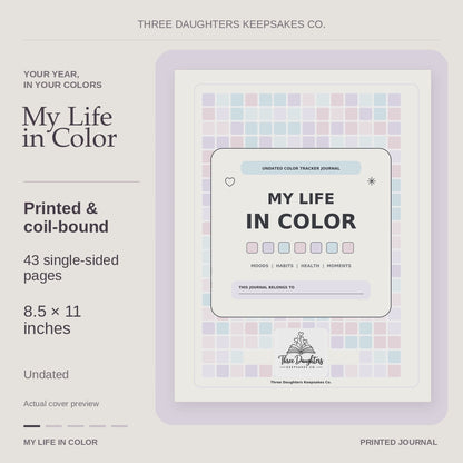 My Life in Color printed journal: 43 single-sided pages, 8.5 x 11 inches, coil bound, with cover and interior page previews.