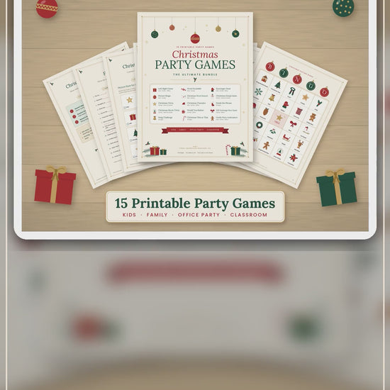 Video flip-through of the Ultimate Christmas Party Games printable bundle: what's inside all 15 games, hours of party fun, and full-color and ink-saver versions.