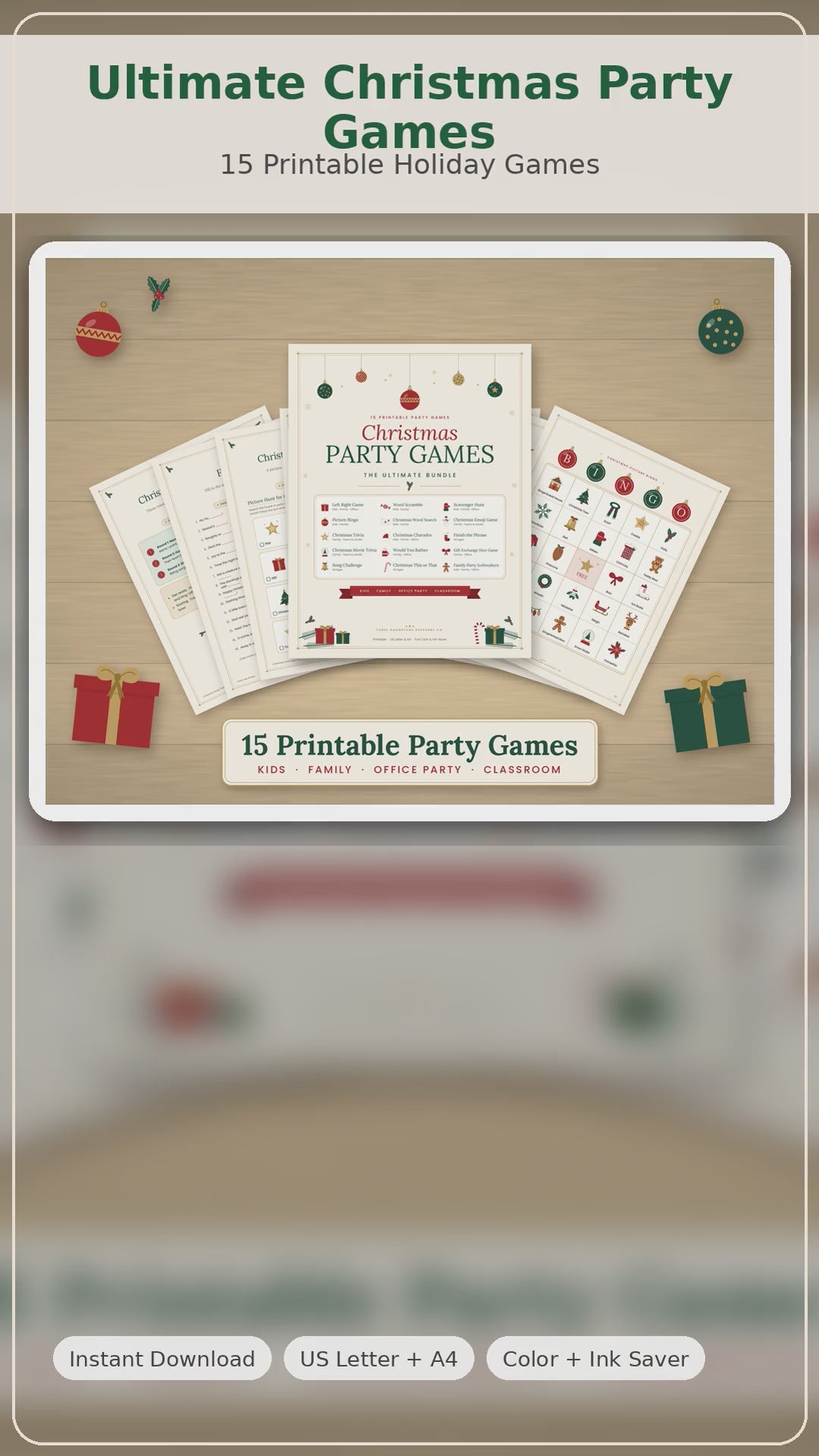 Video flip-through of the Ultimate Christmas Party Games printable bundle: what's inside all 15 games, hours of party fun, and full-color and ink-saver versions.