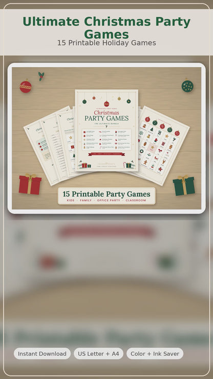 Video flip-through of the Ultimate Christmas Party Games printable bundle: what's inside all 15 games, hours of party fun, and full-color and ink-saver versions.