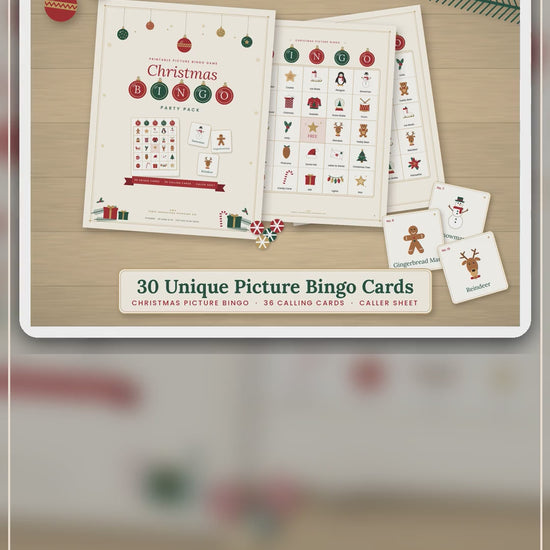 Video flip-through of the Christmas Bingo Party Pack printable: 30 unique picture bingo cards, big bright picture squares, and caller tracking sheet with calling cards.