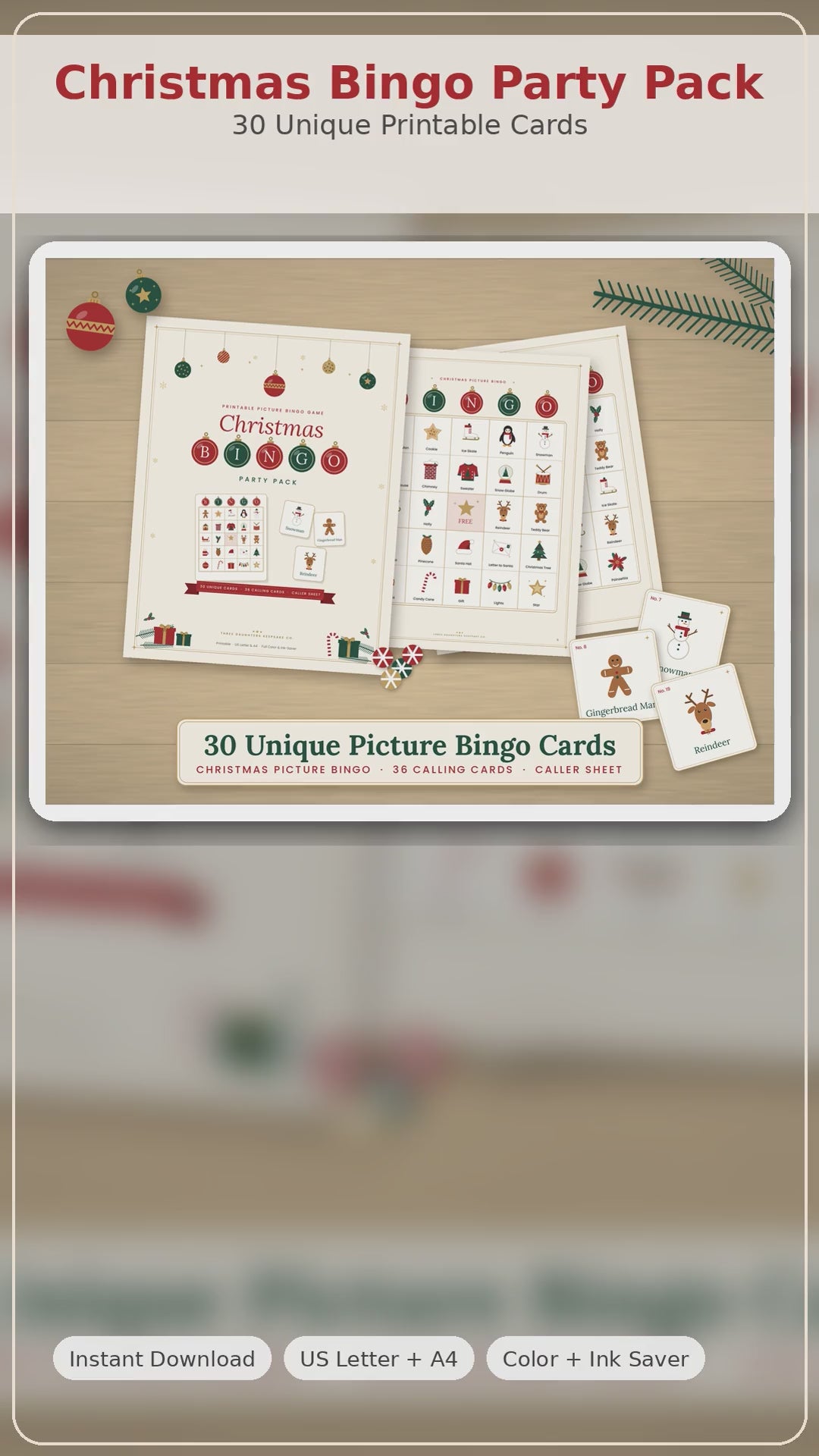 Video flip-through of the Christmas Bingo Party Pack printable: 30 unique picture bingo cards, big bright picture squares, and caller tracking sheet with calling cards.