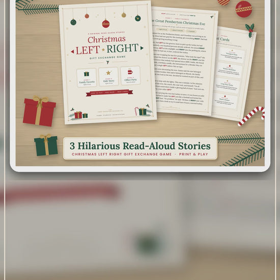 Video flip-through of the Christmas Left Right gift exchange game printable: cover, 11 print-ready pages, three stories for every crowd, and full-color and ink-saver versions.